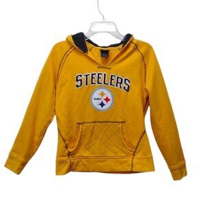 NFL Pittsburgh Steelers Women's Yellow Graphic LS Pullover Raw Neckline Hoodie M